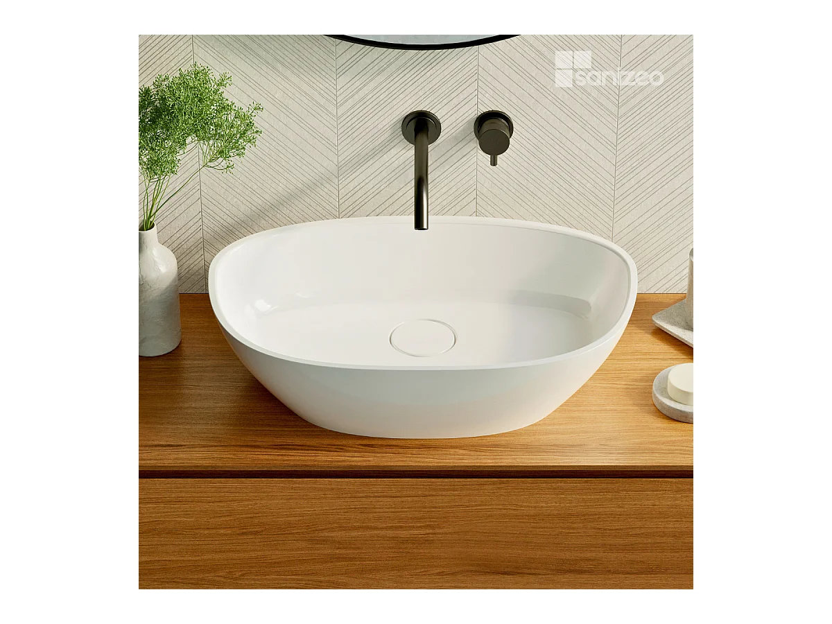 Vasque à poser FRODE - 75% Minéral Blanc Brillant Asymétrique 60*36*H16.6cm - LAVABERG