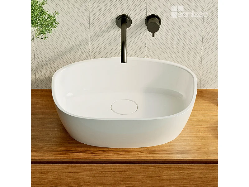 Vasque à poser FRODE - 75% Minéral Blanc Brillant Asymétrique 50*36*H16.6cm - LAVABERG