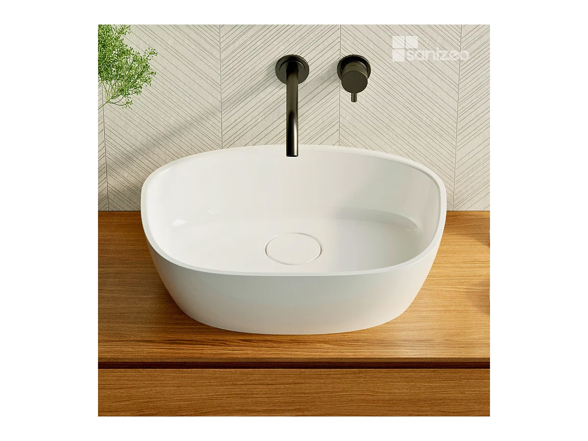 Vasque à poser FRODE - 75% Minéral Blanc Brillant Asymétrique 50*36*H16.6cm - LAVABERG