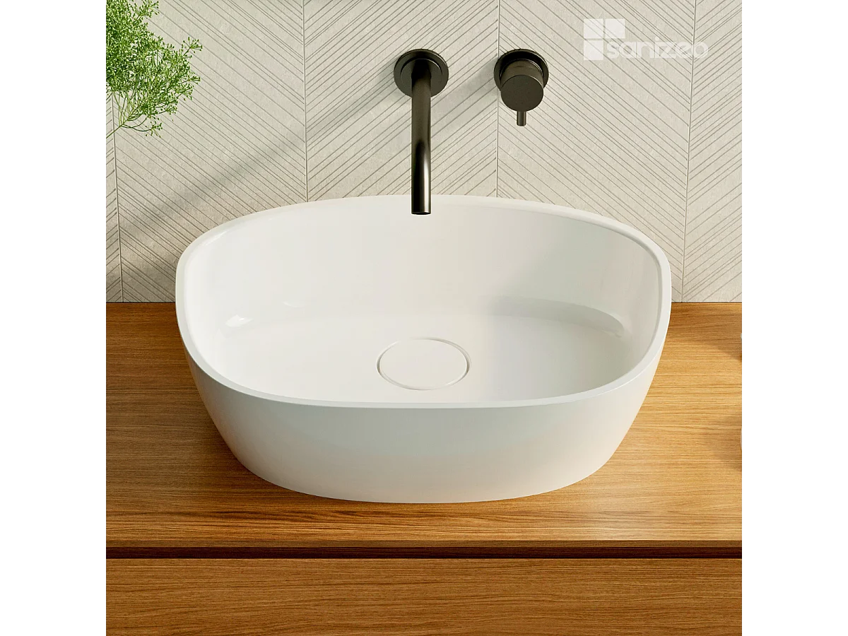 Vasque à poser FRODE - 75% Minéral Blanc Brillant Asymétrique 50*36*H16.6cm - LAVABERG