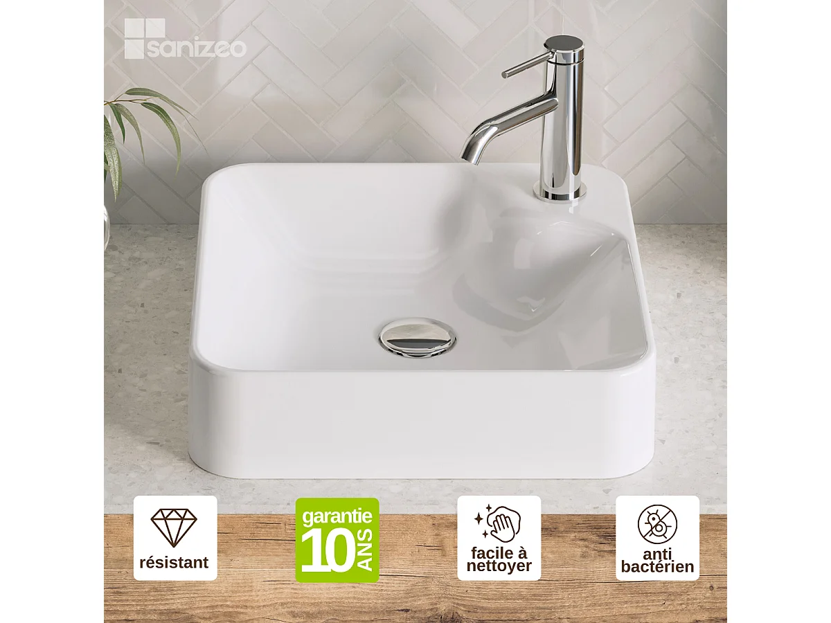 Vasque à poser INGRID - 75% Minéral Blanc Brillant Carré 40*40*H10cm - LAVABERG