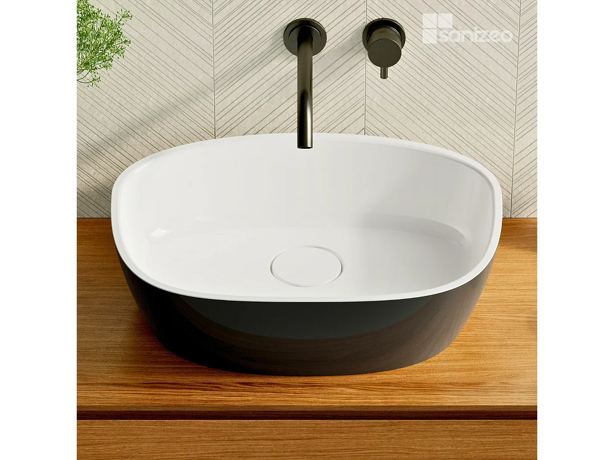 Vasque à poser FRODE - 75% Minéral Noir/Blanc Brillant Asymétrique 50*36*H16.6cm - LAVABERG