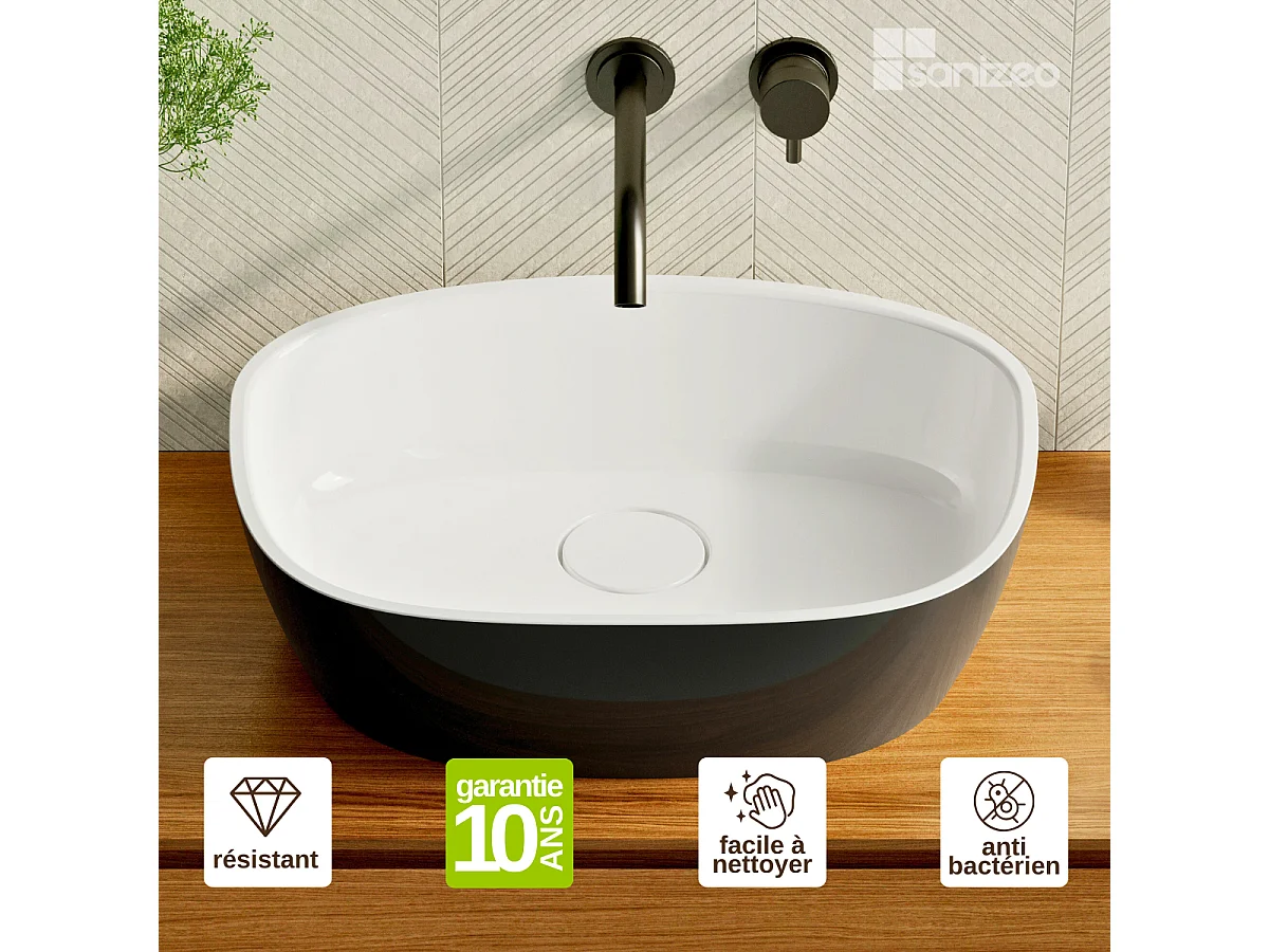 Vasque à poser FRODE - 75% Minéral Noir/Blanc Brillant Asymétrique 50*36*H16.6cm - LAVABERG