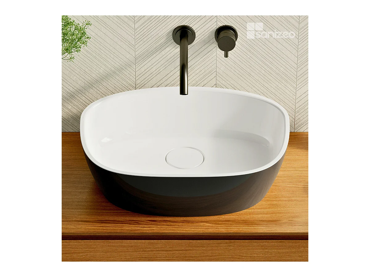 Vasque à poser FRODE - 75% Minéral Noir/Blanc Brillant Asymétrique 50*36*H16.6cm - LAVABERG