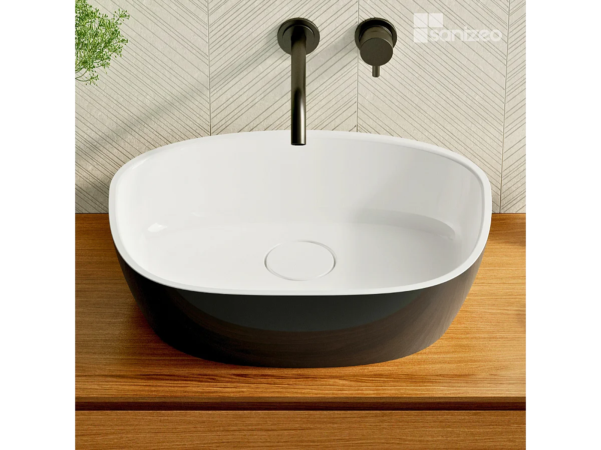 Vasque à poser FRODE - 75% Minéral Noir/Blanc Brillant Asymétrique 50*36*H16.6cm - LAVABERG