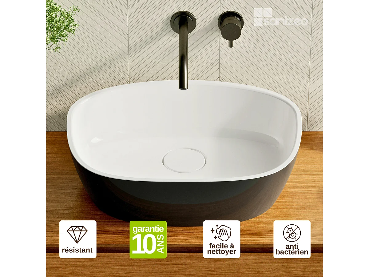 Vasque à poser FRODE - 75% Minéral Noir/Blanc Brillant Asymétrique 50*36*H16.6cm - LAVABERG