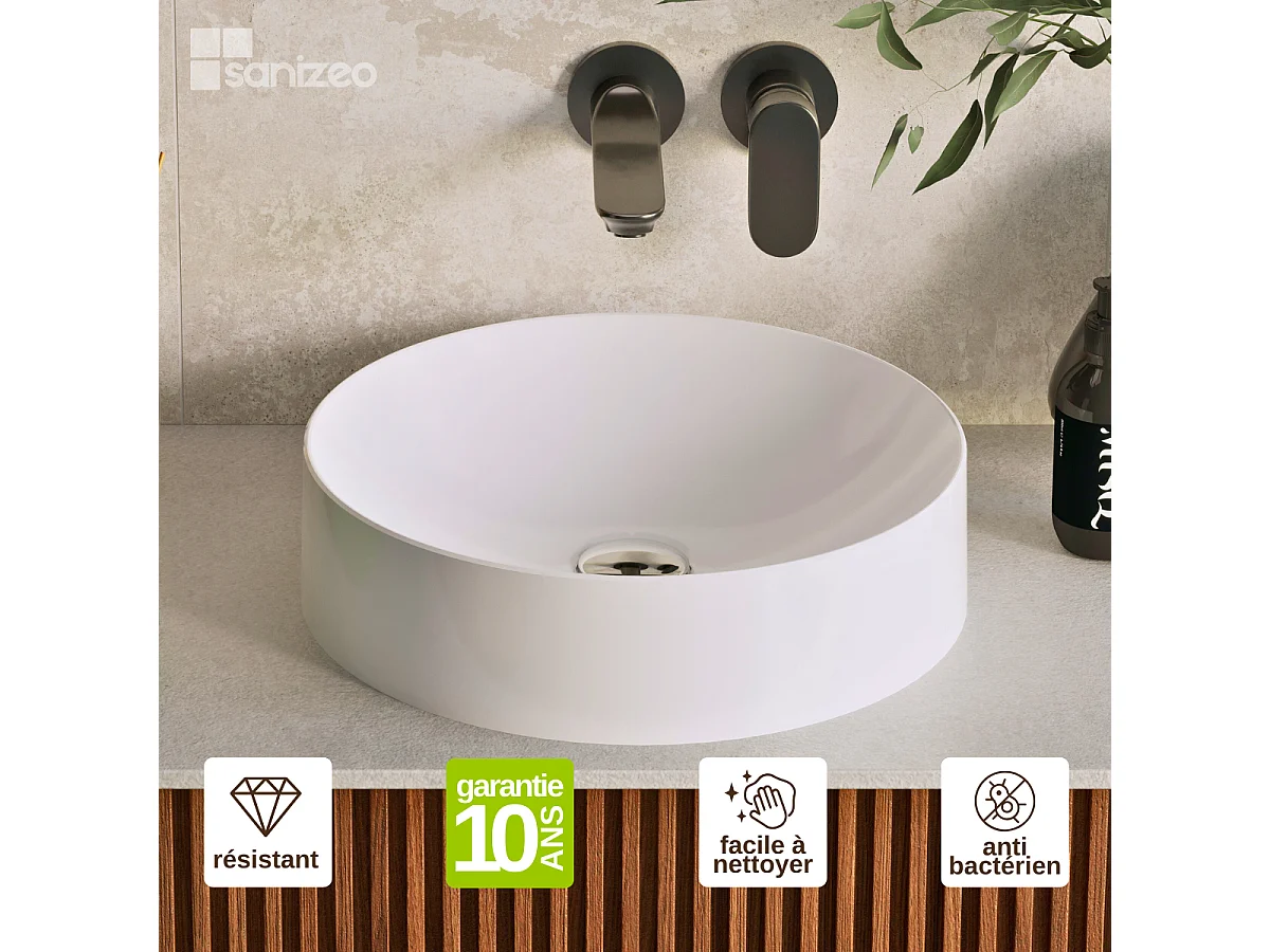 Vasque à poser OSCAR - 75% Minéral Blanc Brillant Ronde 40cm*H11.7cm - LAVABERG