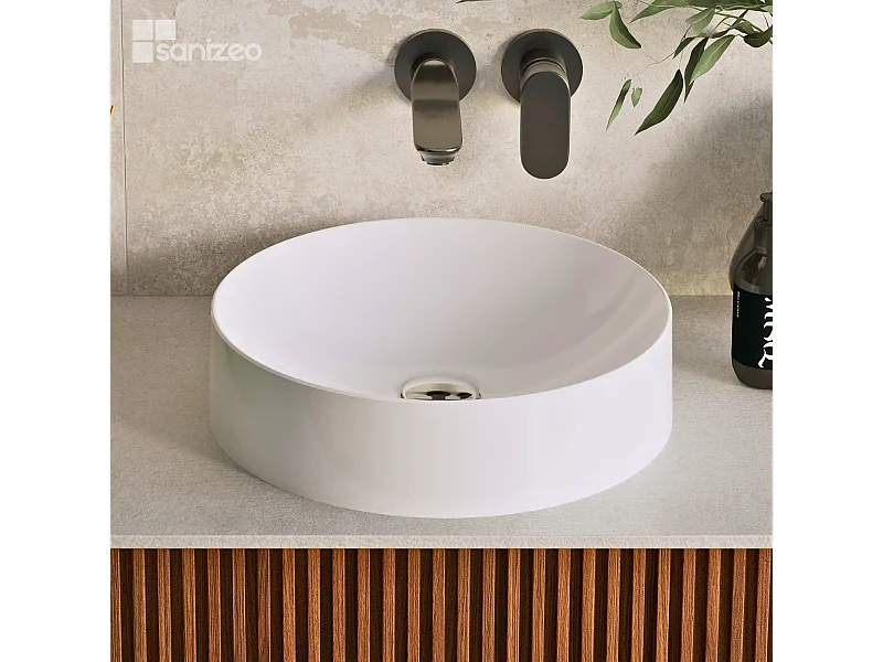 Vasque à poser OSCAR - 75% Minéral Blanc Brillant Ronde 40cm*H11.7cm - LAVABERG