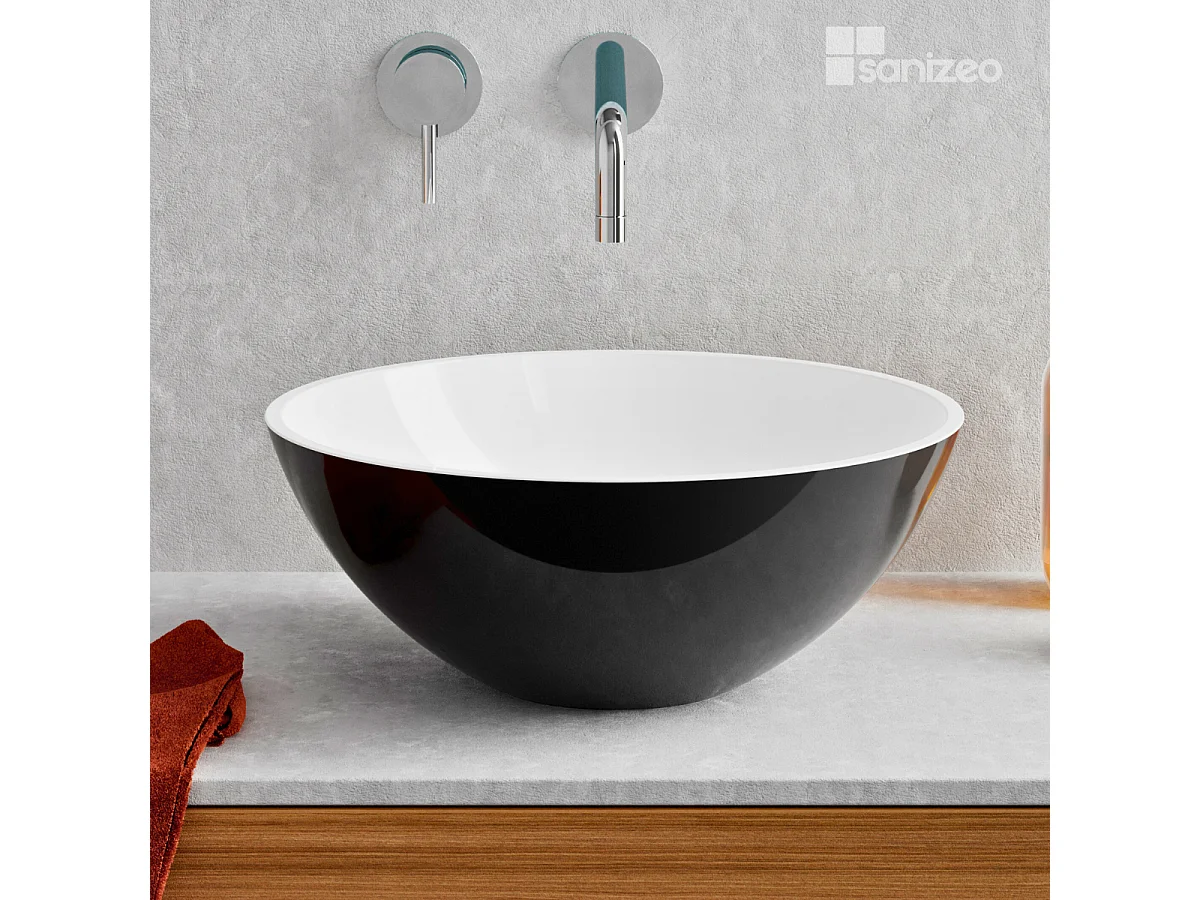 Vasque à poser VIDAR - 75% Minéral Noir/Blanc Brillant Ronde 38cm*H15cm - LAVABERG