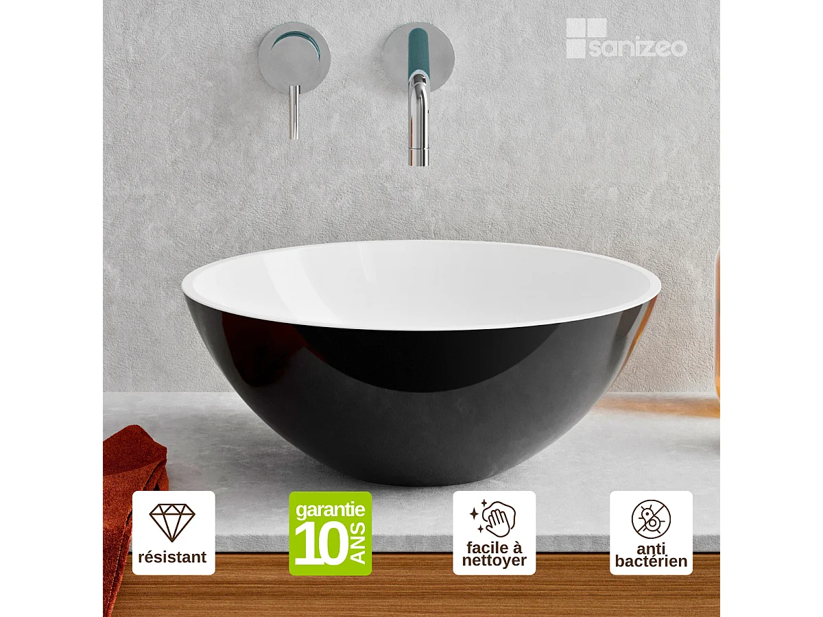 Vasque à poser VIDAR - 75% Minéral Noir/Blanc Brillant Ronde 38cm*H15cm - LAVABERG
