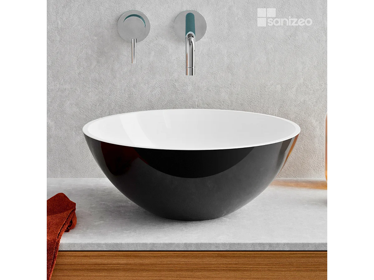 Vasque à poser VIDAR - 75% Minéral Noir/Blanc Brillant Ronde 38cm*H15cm - LAVABERG