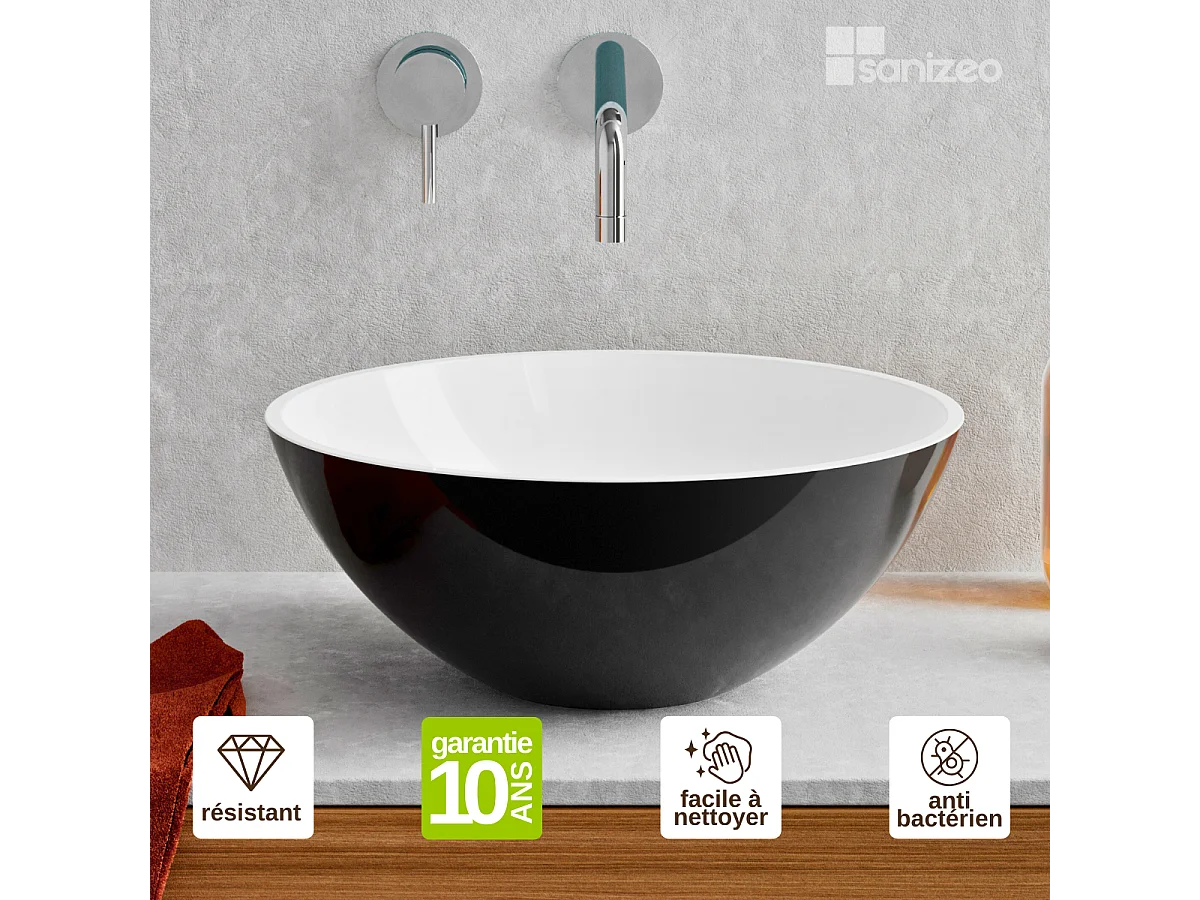 Vasque à poser VIDAR - 75% Minéral Noir/Blanc Brillant Ronde 38cm*H15cm - LAVABERG