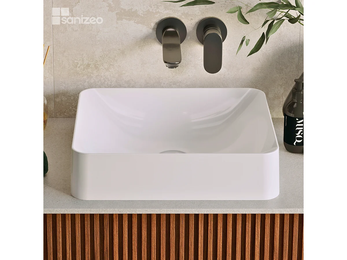 Vasque à poser OSCAR - 75% Minéral Blanc Brillant Carré 45*38*H11.7cm - LAVABERG