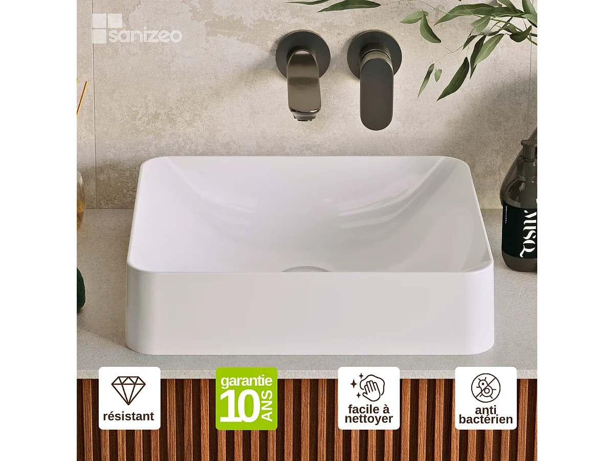 Vasque à poser OSCAR - 75% Minéral Blanc Brillant Carré 45*38*H11.7cm - LAVABERG