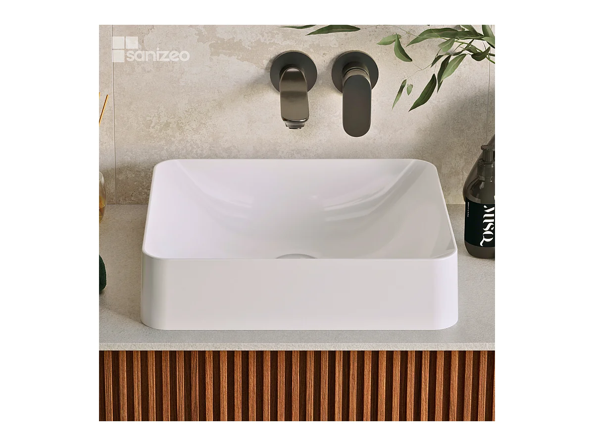 Vasque à poser OSCAR - 75% Minéral Blanc Brillant Carré 45*38*H11.7cm - LAVABERG