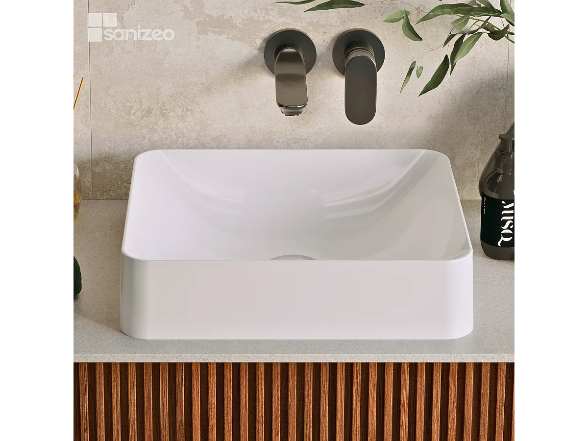 Vasque à poser OSCAR - 75% Minéral Blanc Brillant Carré 45*38*H11.7cm - LAVABERG