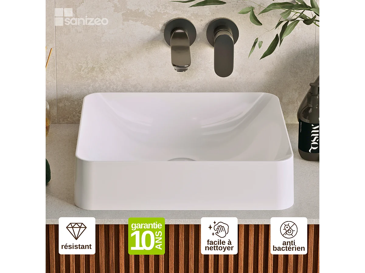 Vasque à poser OSCAR - 75% Minéral Blanc Brillant Carré 45*38*H11.7cm - LAVABERG