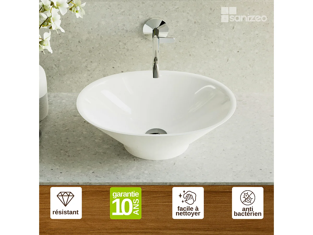 Vasque à poser LARS - 75% Minéral Blanc Brillant Ovale 48*35*H16cm - LAVABERG