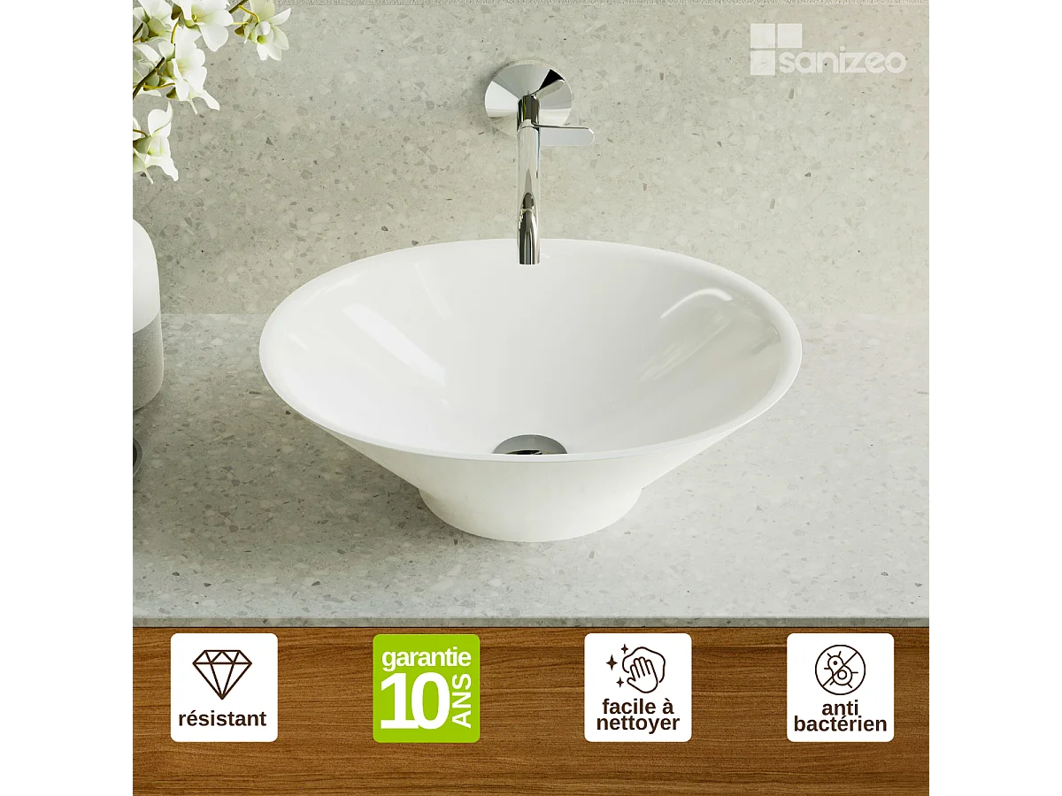 Vasque à poser LARS - 75% Minéral Blanc Brillant Ovale 48*35*H16cm - LAVABERG