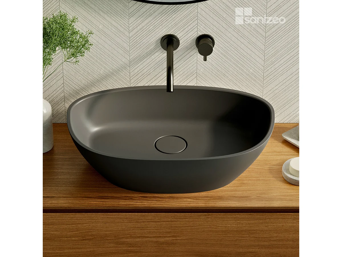 Vasque à poser FRODE - 75% Minéral Noir Mat Asymétrique 60*36*H16.6cm - LAVABERG