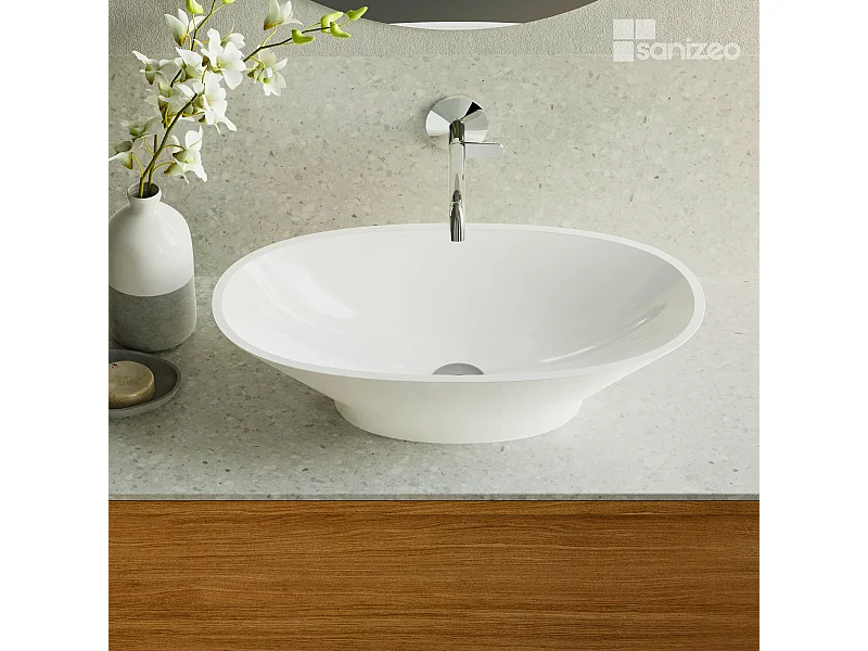 Vasque à poser LARS - 75% Minéral Blanc Brillant Ovale 60*35*H16cm - LAVABERG