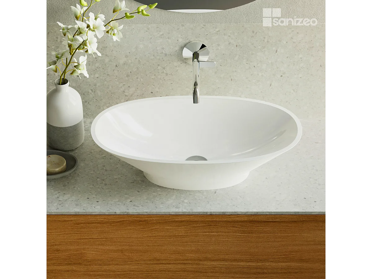 Vasque à poser LARS - 75% Minéral Blanc Brillant Ovale 60*35*H16cm - LAVABERG