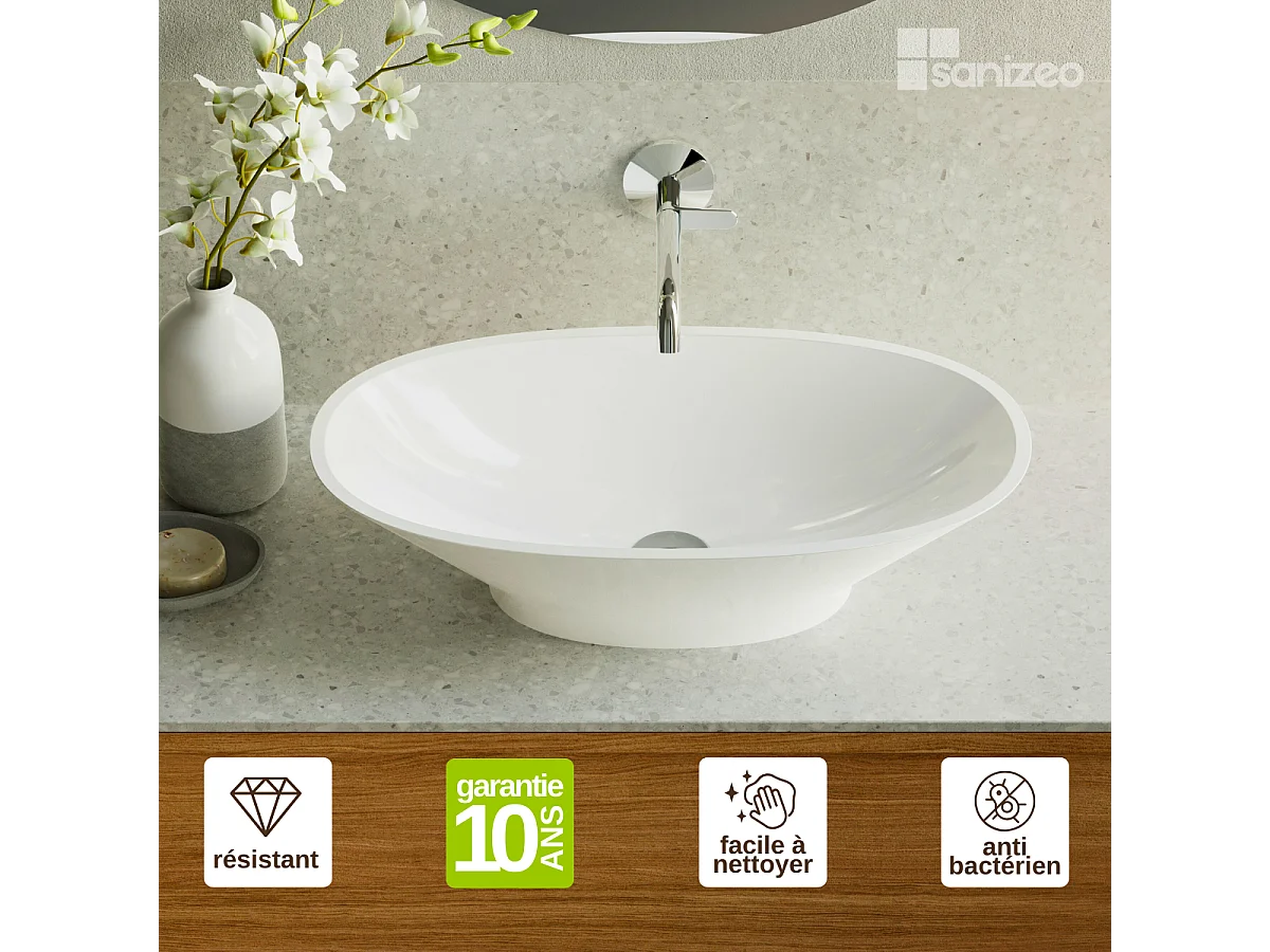Vasque à poser LARS - 75% Minéral Blanc Brillant Ovale 60*35*H16cm - LAVABERG