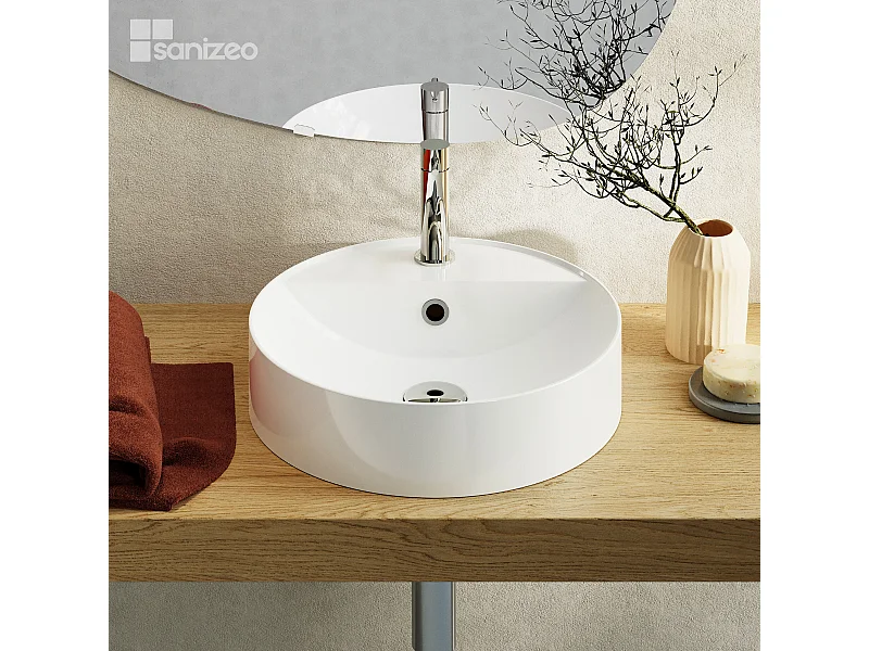 Vasque à poser BJORN - 75% Minéral Blanc Brillant Rond 40cm*H12.2cm - LAVABERG