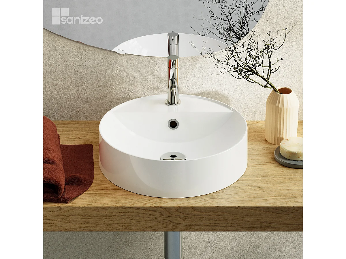 Vasque à poser BJORN - 75% Minéral Blanc Brillant Rond 40cm*H12.2cm - LAVABERG