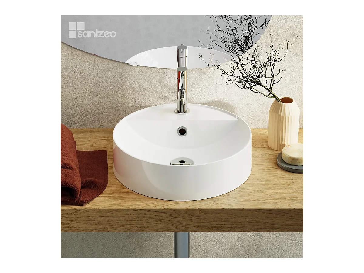 Vasque à poser BJORN - 75% Minéral Blanc Brillant Rond 40cm*H12.2cm - LAVABERG