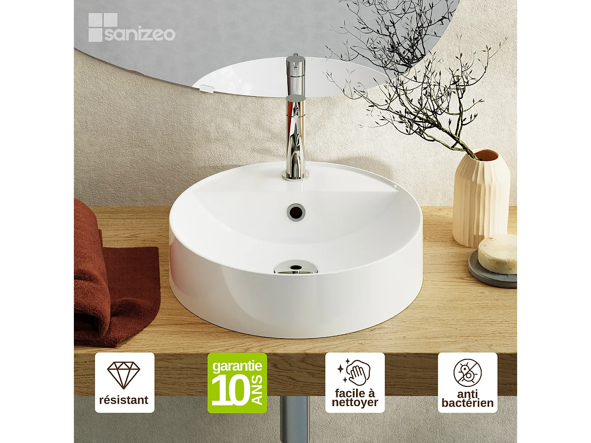 Vasque à poser BJORN - 75% Minéral Blanc Brillant Rond 40cm*H12.2cm - LAVABERG