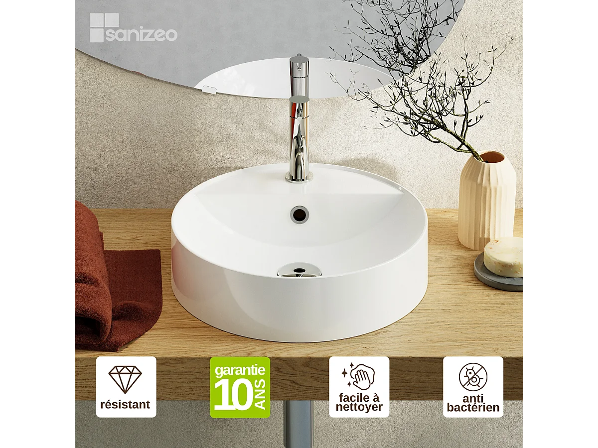Vasque à poser BJORN - 75% Minéral Blanc Brillant Rond 40cm*H12.2cm - LAVABERG