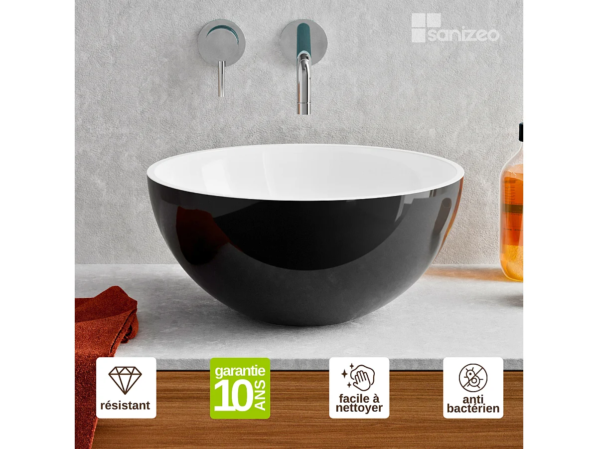 Vasque à poser VIDAR - 75% Minéral Noir/Blanc Brillant Ronde 38cm*H17.5cm - LAVABERG