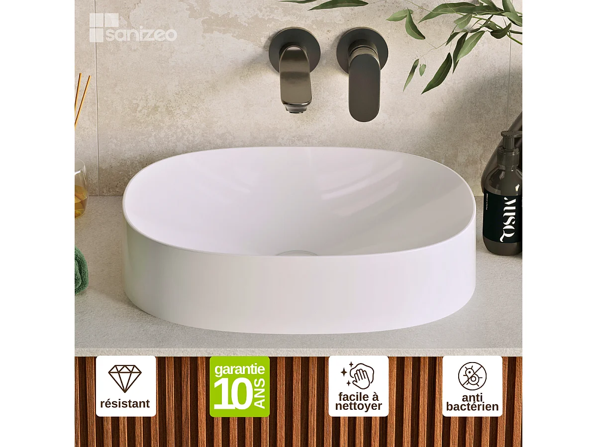 Vasque à poser OSCAR - 75% Minéral Blanc Brillant Ovale 48*38*H11.7cm - LAVABERG