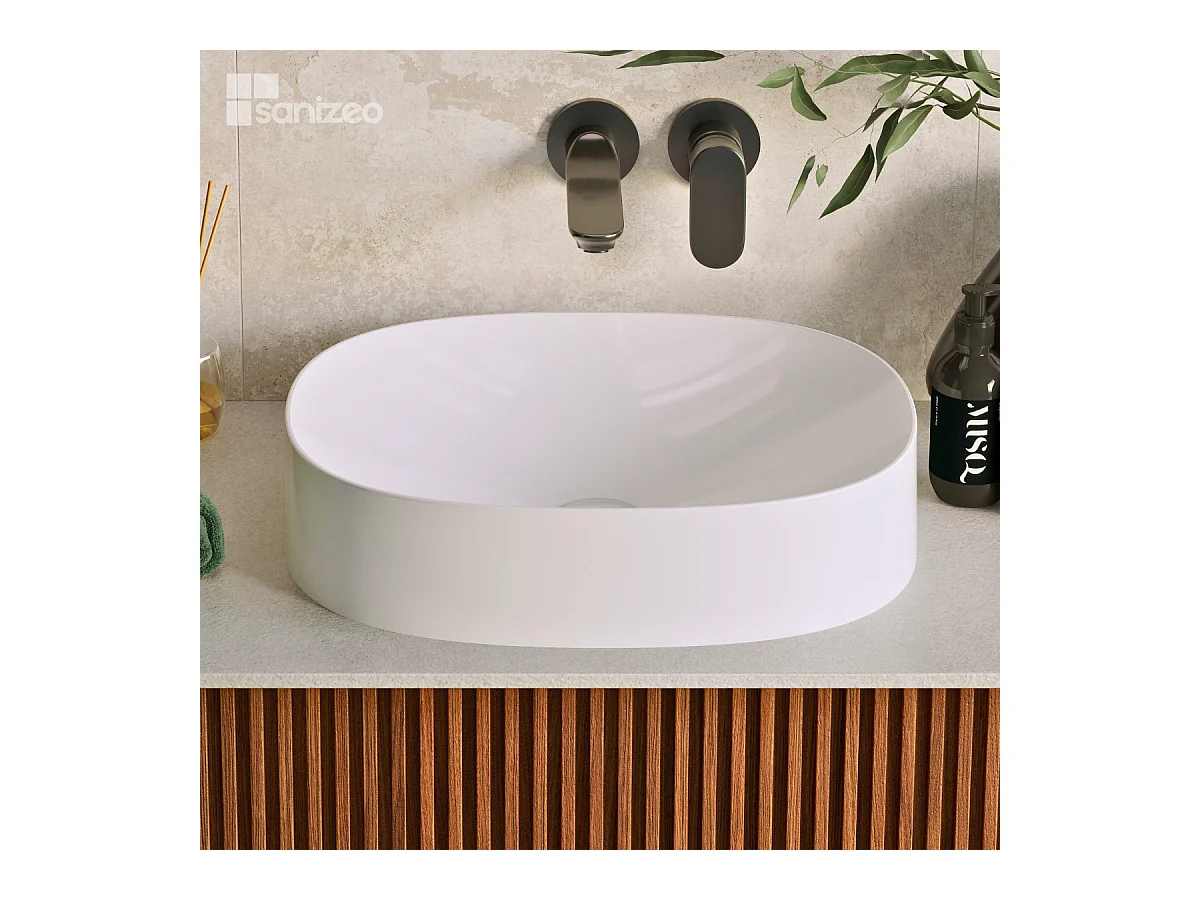 Vasque à poser OSCAR - 75% Minéral Blanc Brillant Ovale 48*38*H11.7cm - LAVABERG