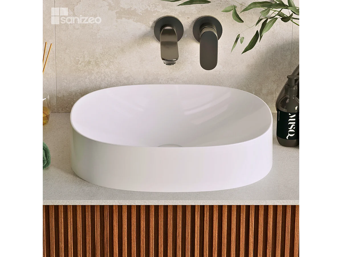 Vasque à poser OSCAR - 75% Minéral Blanc Brillant Ovale 48*38*H11.7cm - LAVABERG