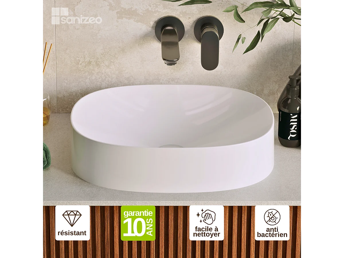 Vasque à poser OSCAR - 75% Minéral Blanc Brillant Ovale 48*38*H11.7cm - LAVABERG