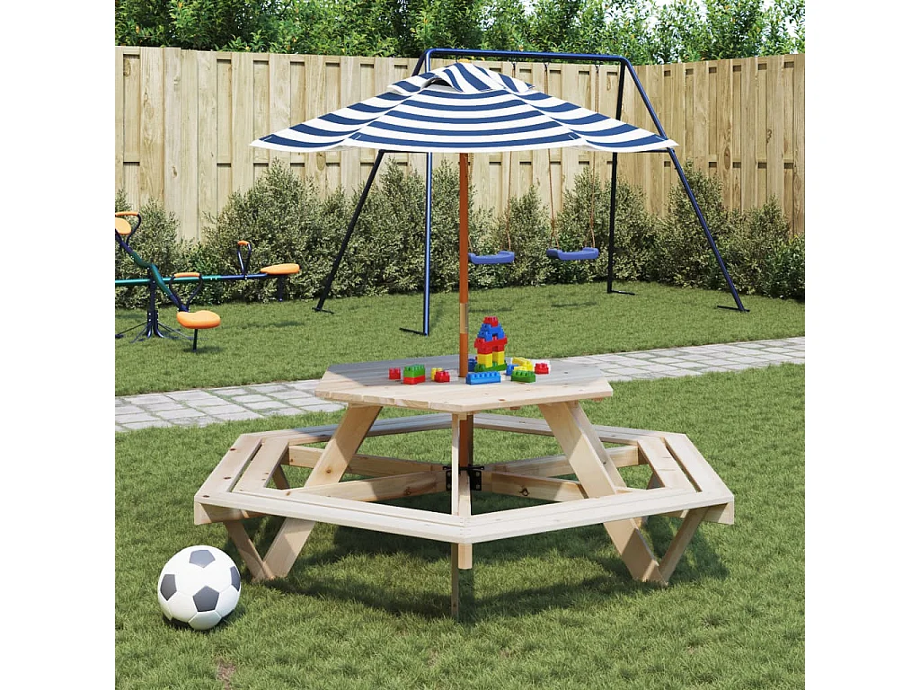 Table de pique-nique pour 6 enfants avec parasol hexagone sapin