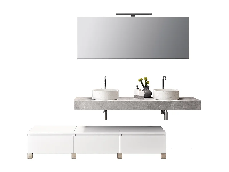 Ensemble de salle de bain double vasque 9 pièces ASTRA ciment/blanc