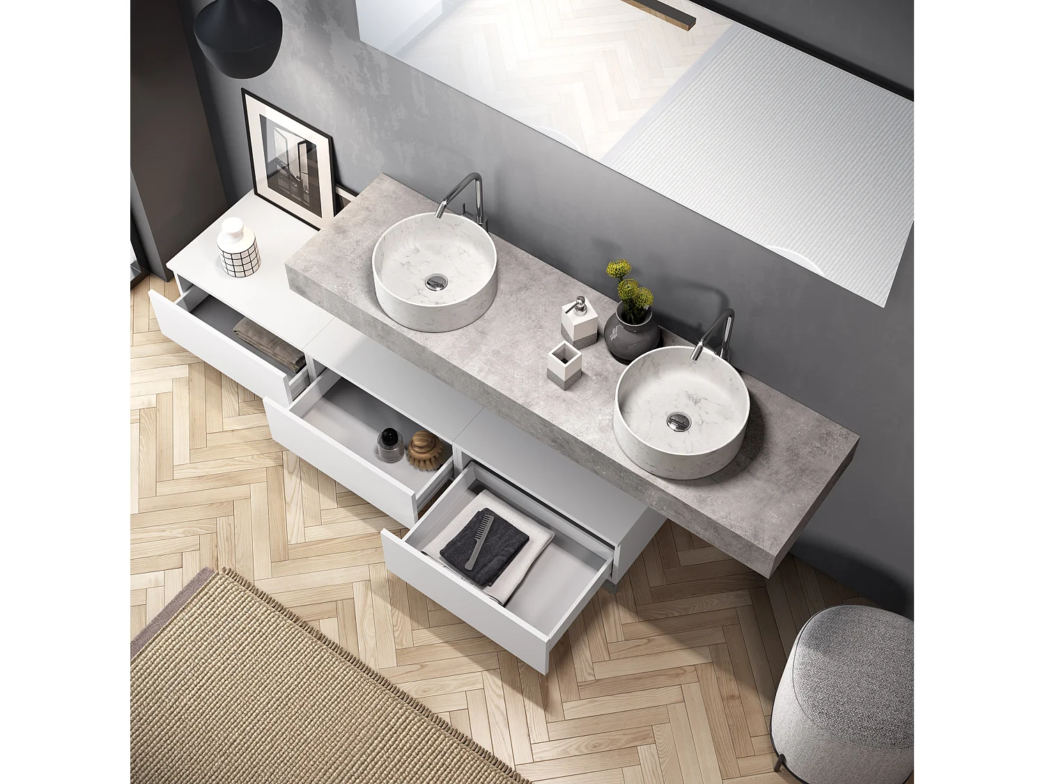 Composición de lavabo doble ASTRA de 9 piezas cemento/blanco mate