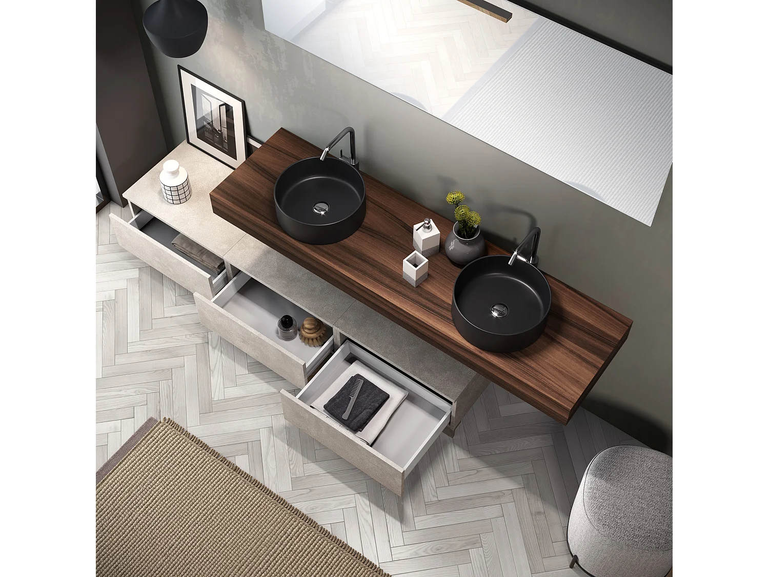 Composición de lavabo doble ASTRA de 9 piezas en nogal/havana piedra