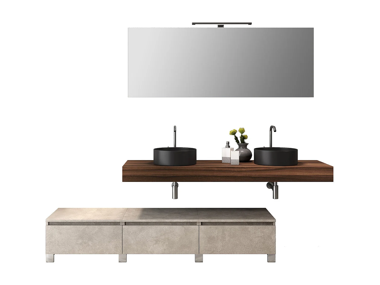 Composición de lavabo doble ASTRA de 9 piezas en nogal/havana piedra