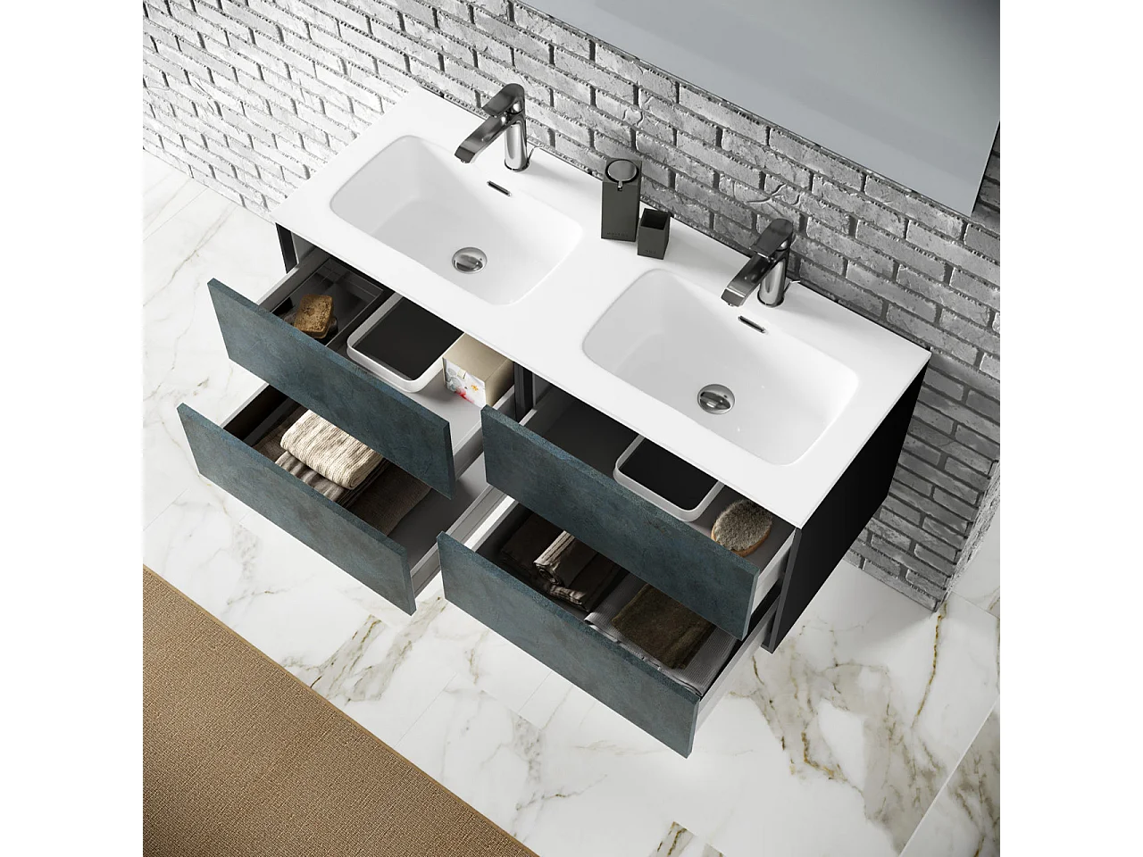 Ensemble de salle de bain double vasque 4 pièces IGEA bleu pierre