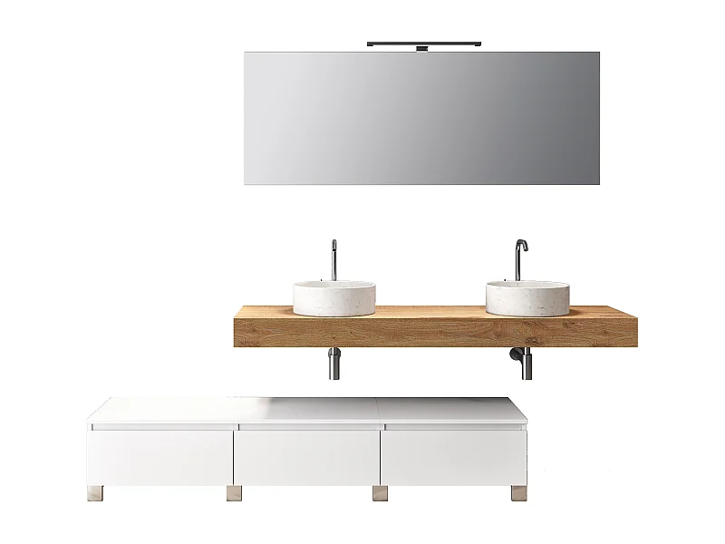 Ensemble de salle de bain double vasque 9 pièces ASTRA chêne miel/blanc