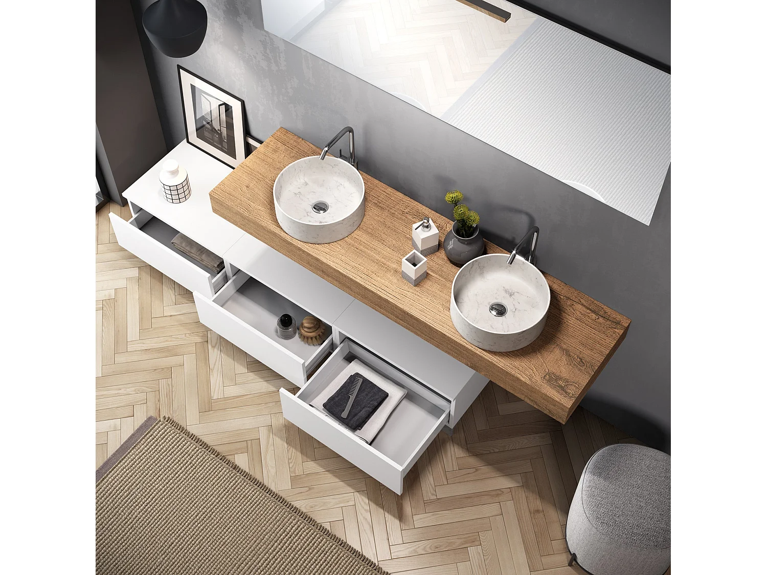 Composición de lavabo doble ASTRA de 9 piezas en roble miel/blanco mate