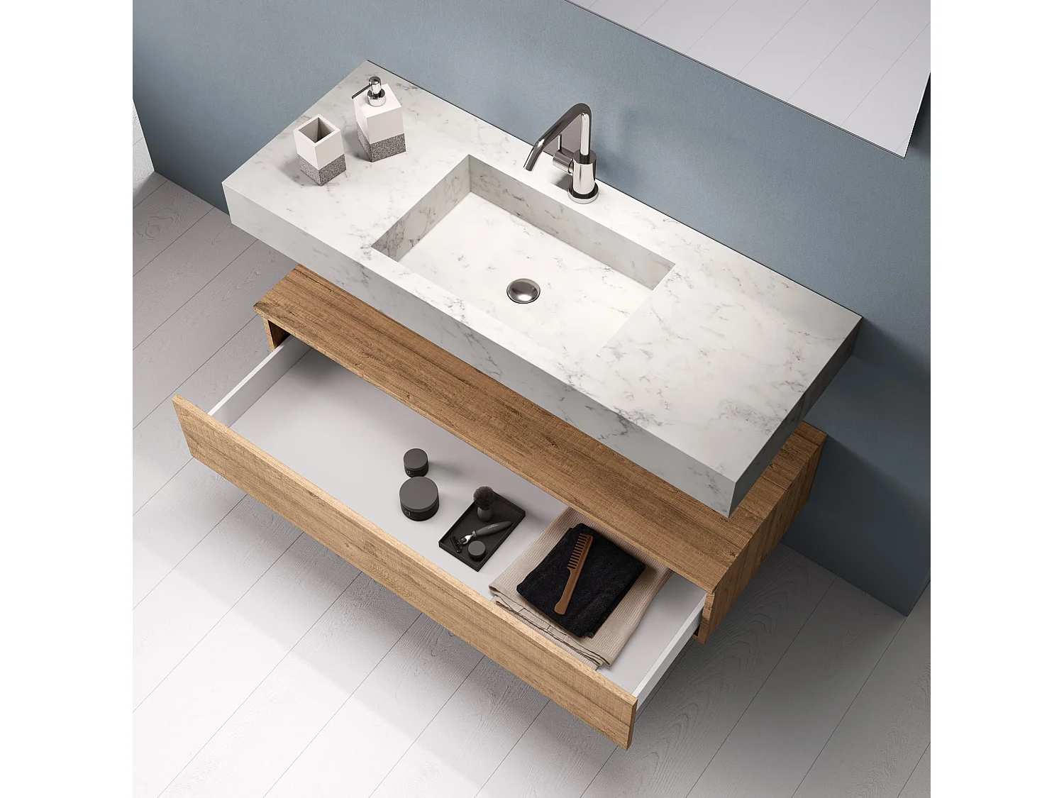 Ensemble de salle de bain 5 pièces ASTRA marbre carrara/chêne miel