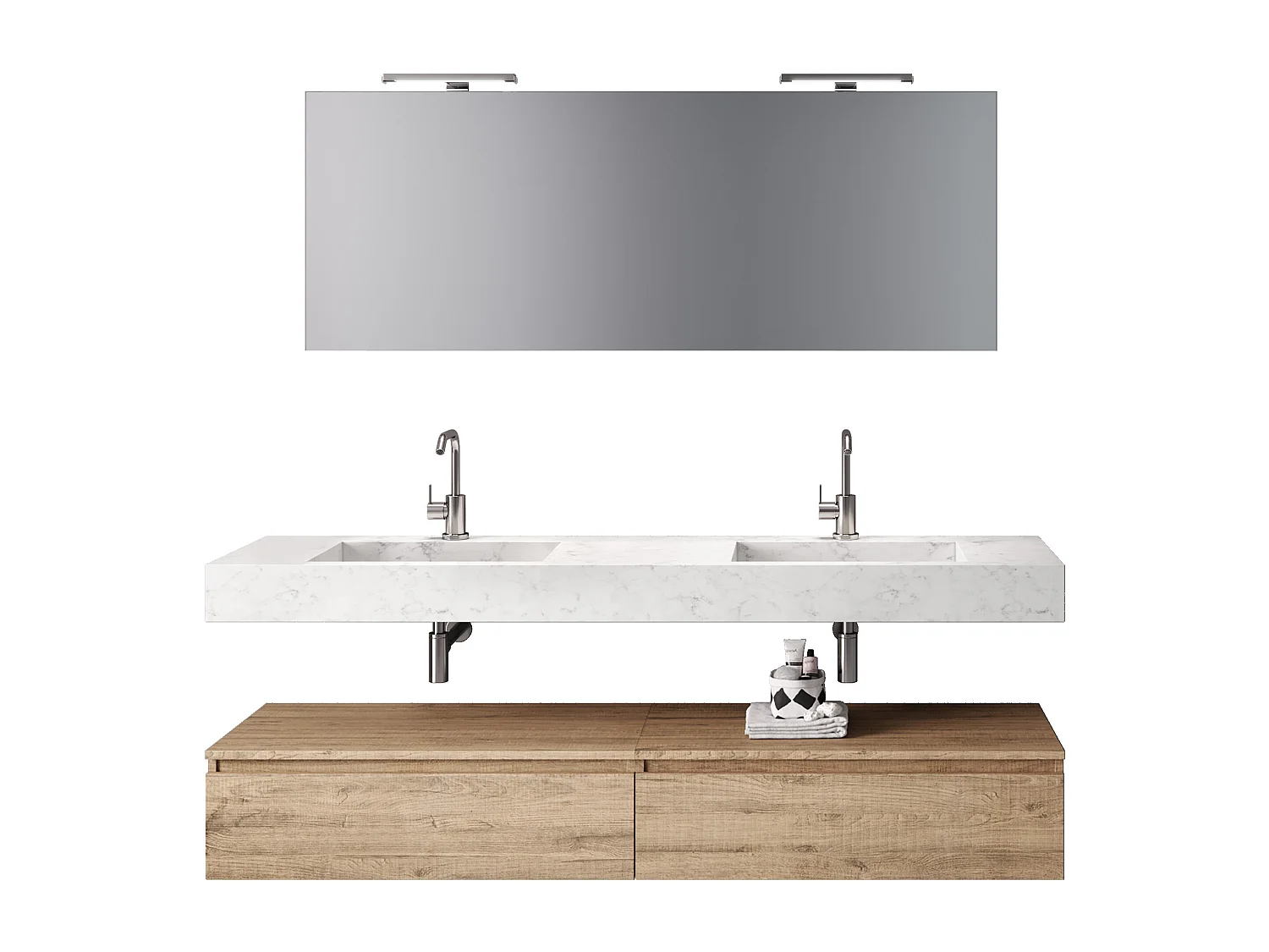 Ensemble de salle de bain  7 pièces ASTRA marbre carrara/chêne miel