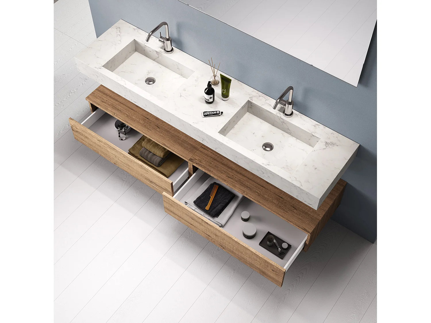 Ensemble de salle de bain  7 pièces ASTRA marbre carrara/chêne miel