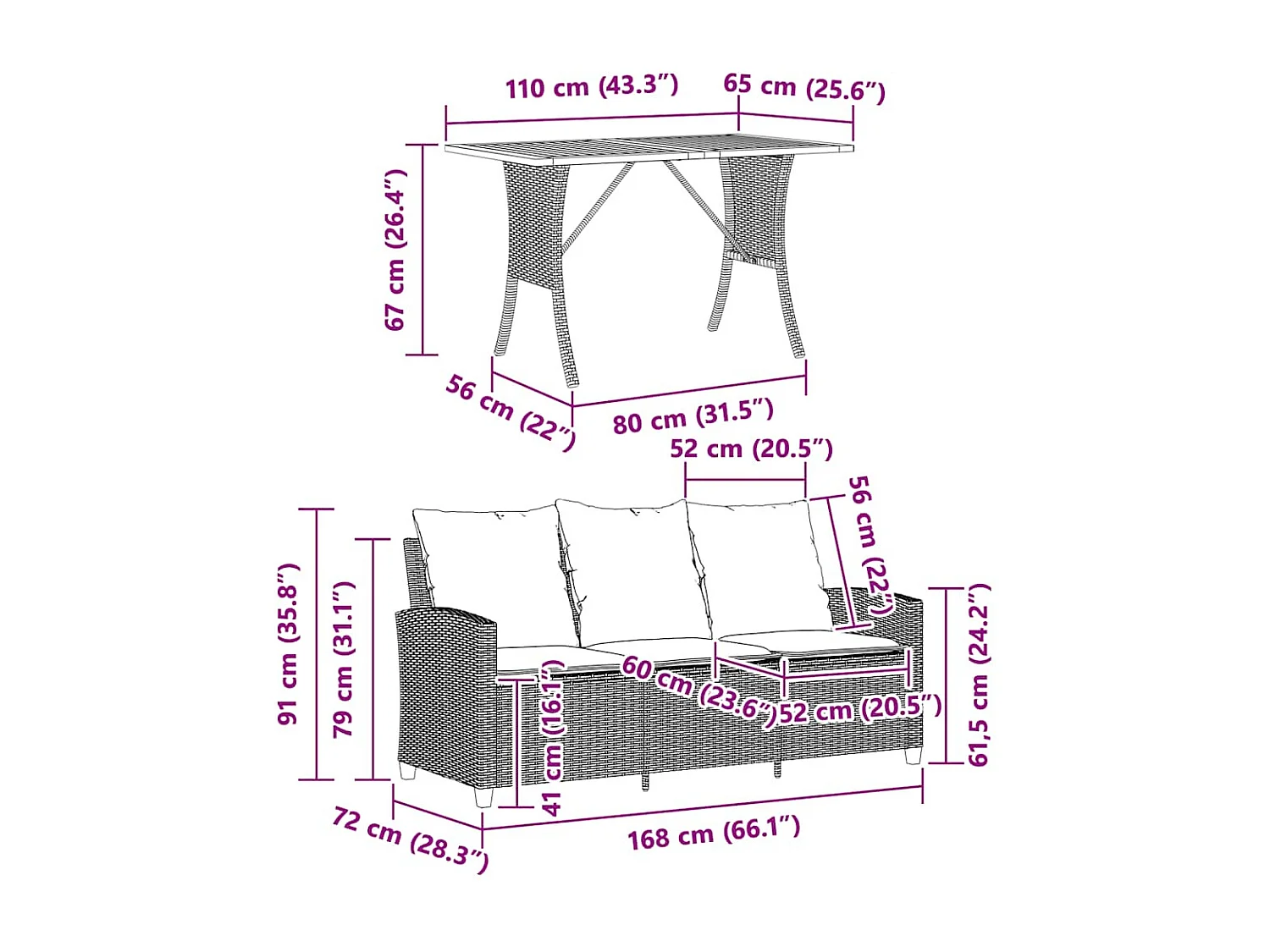 Tuinbank 3-zits met kussens & tafel poly rattan grijs