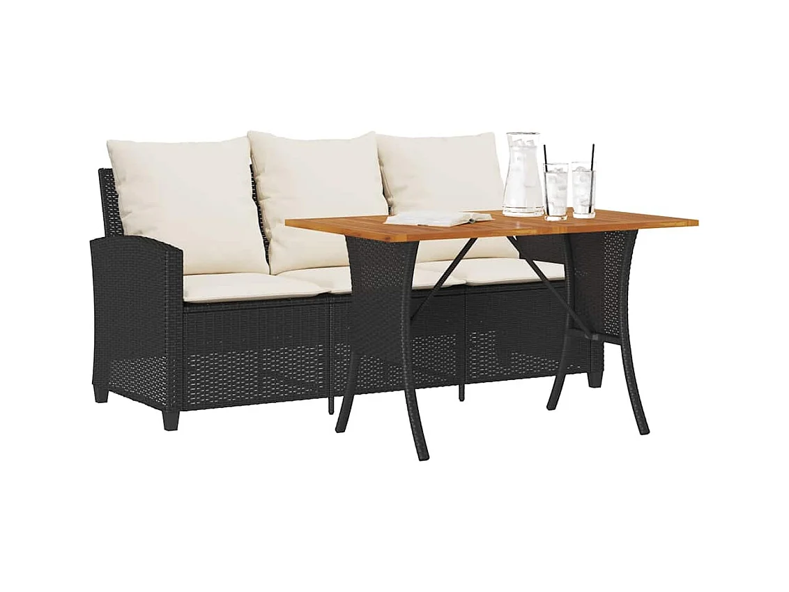 Gartensofa 3-Sitzer mit Kissen & Tisch Schwarz Poly Rattan